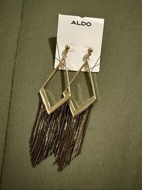 Aldo Gold Geometric Drop Earrings with Black Fringe